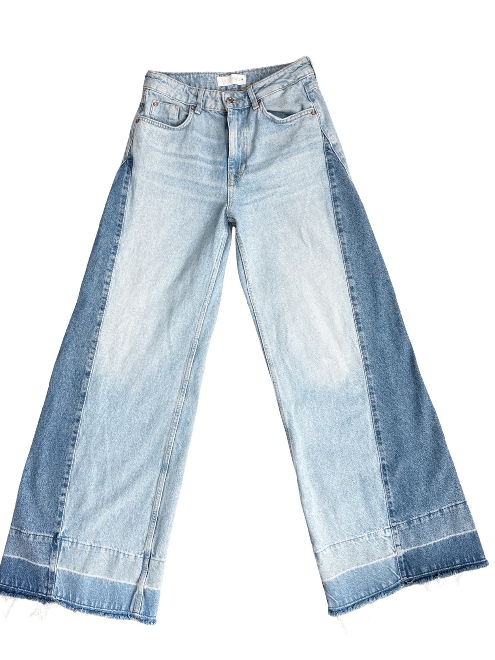 Zara Wide Leg Jeans Womens US 2 Colorblock Two Tone Denim High Rise Raw Hem